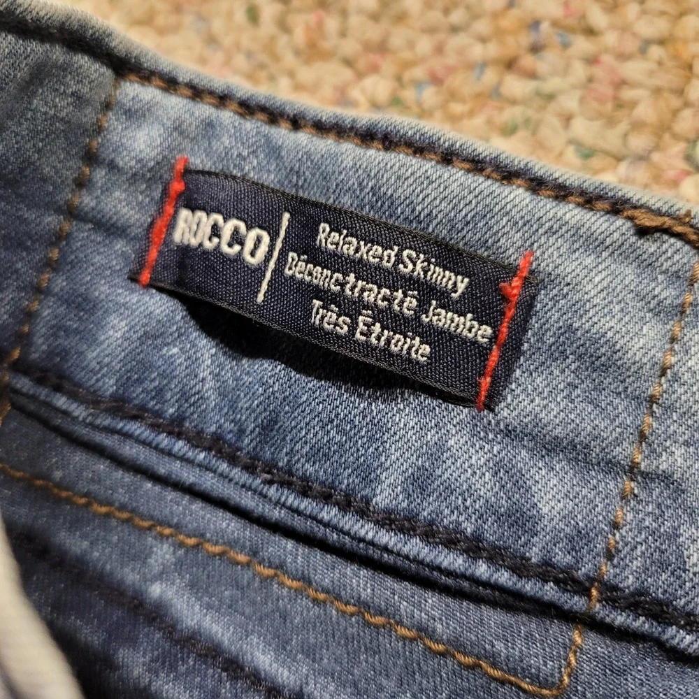 True Religion Rocco Jeans Mens 40 Blue Distressed Marbled Relaxed Skinny Fit